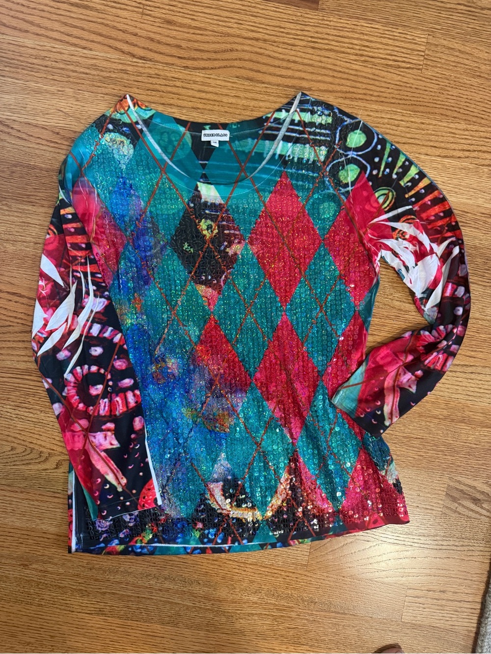 Desigual Teal & Red Harlequin-Print Long Sleeve Top